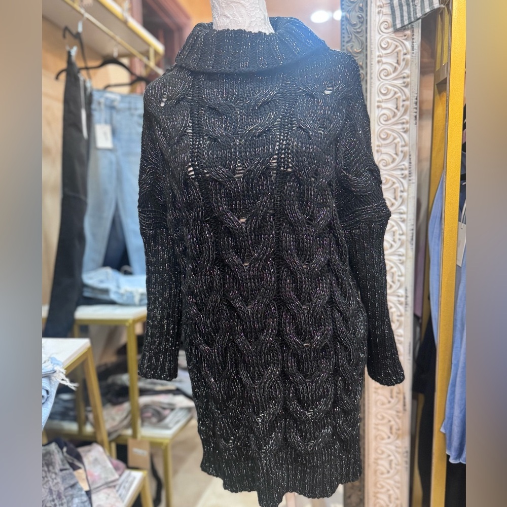 Black metallic cable knit sweater